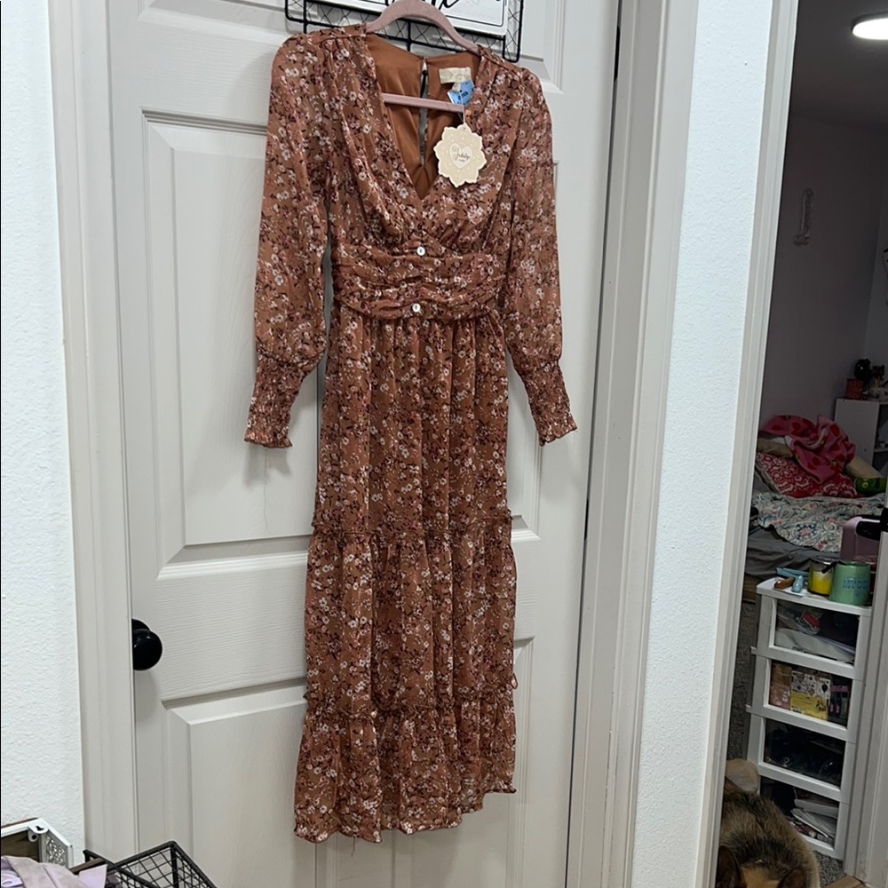 American Eagle Outfitters Brown Wrap Sundress with Bishop Sleeves